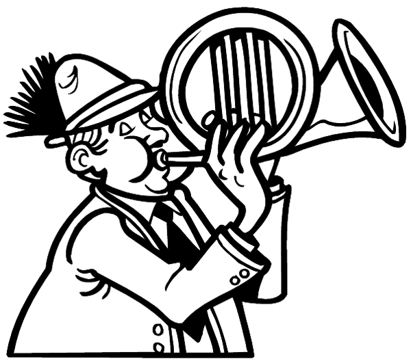 Man blowing curved horn vinyl sticker. Customize on line. Music 061-0327
